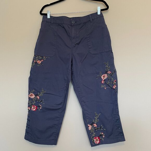 Embroidered Floral Lightweight Cargo Capri Cropped Pants Blue Size 18 - Picture 1 of 8